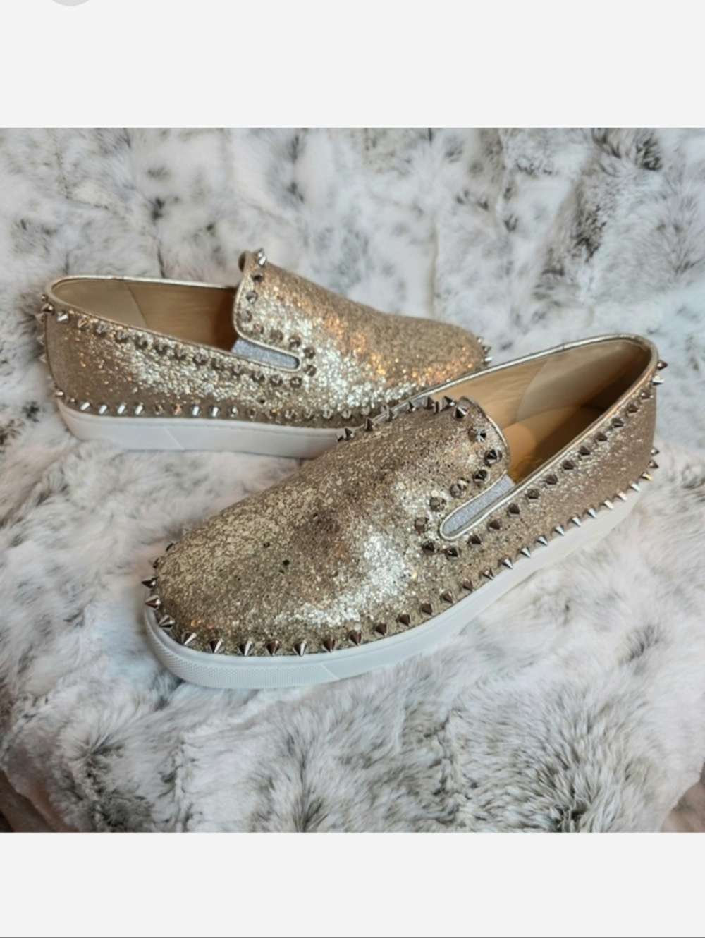 Christian Louboutin Pik Boat slip-on Spiked Leather Sneakers Silver Gold EU 37.5 - Picture 2 of 11